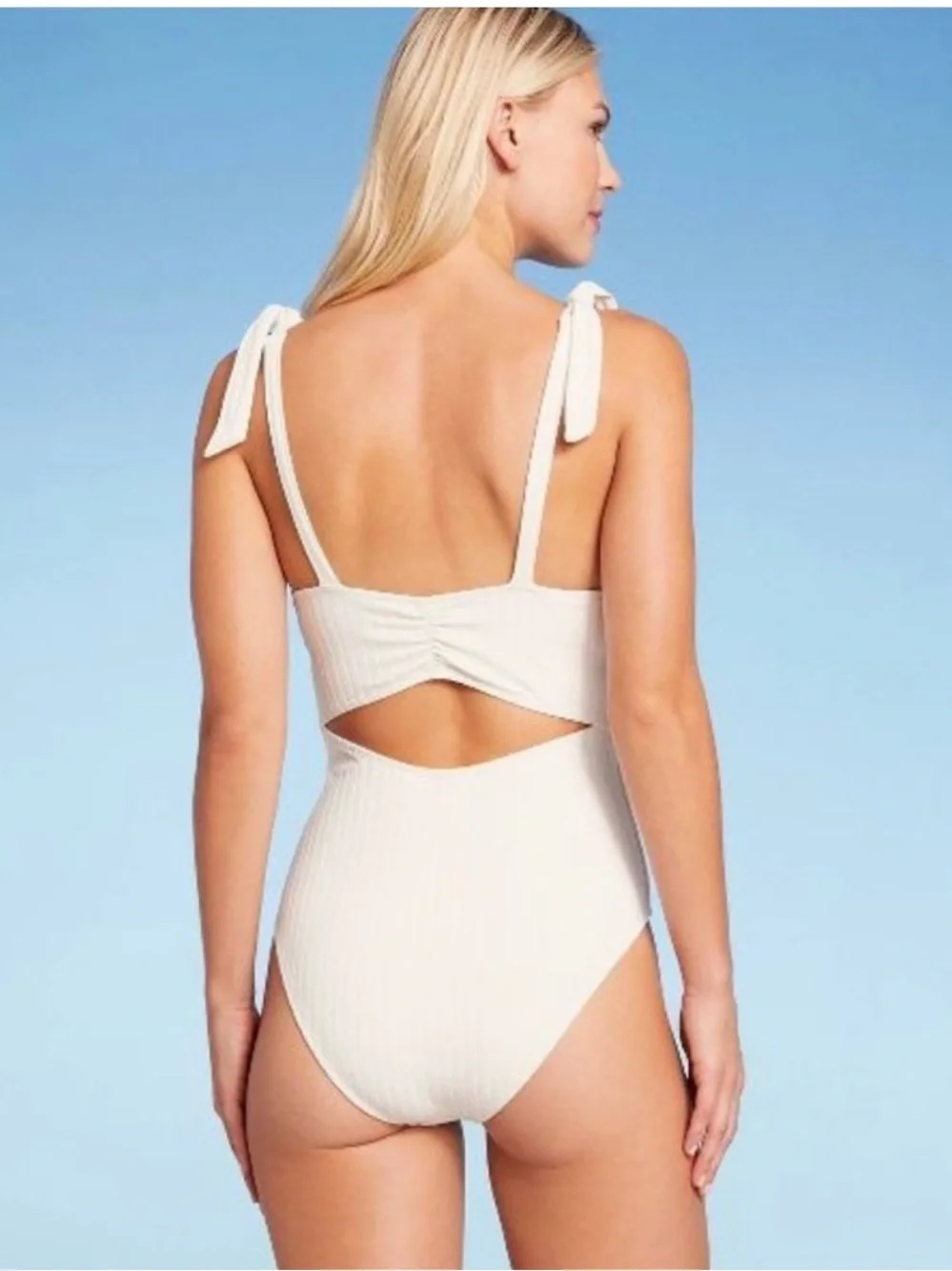 Women’s Shade & Shore Off White Ribbed Tie-Shoulder One-Piece Swimsuit Size S
